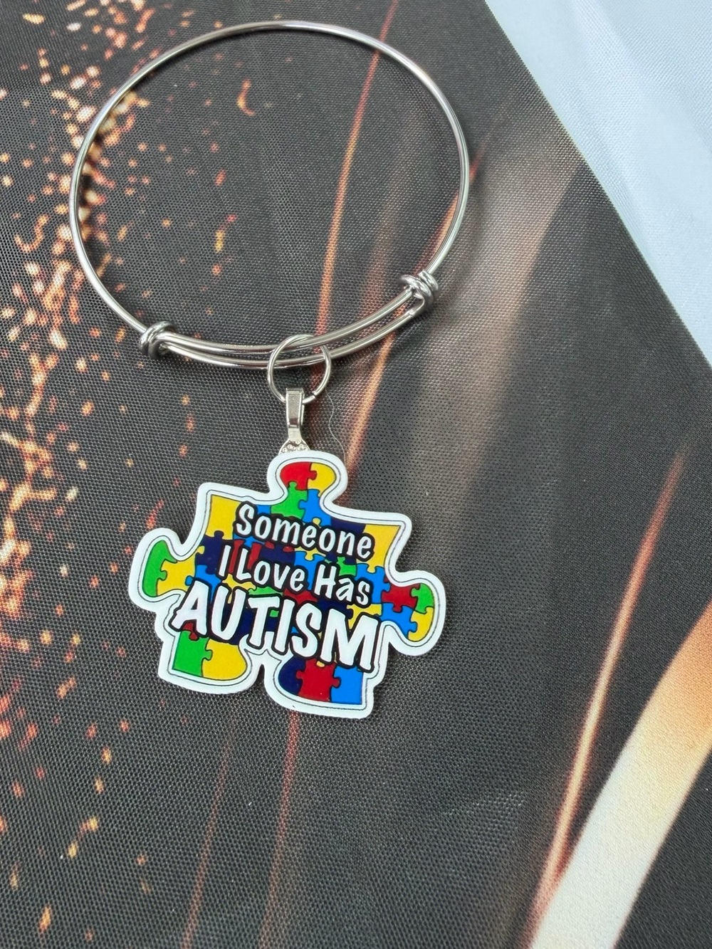 Autism Puzzle Piece Charm Bangle Bracelet - Multicolor